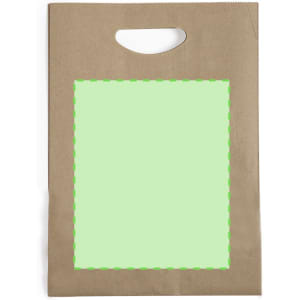 A brown paper bag with a handle, featuring a blank green rectangular area for custom designs.