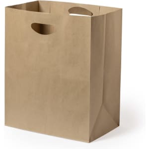 A brown paper bag with handles, featuring a simple, unembellished design. Ideal for various packaging needs.