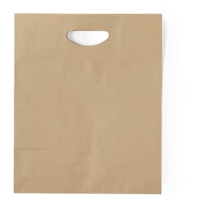 A brown paper bag with a cut-out handle. The bag has a plain surface and is made from kraft paper.
