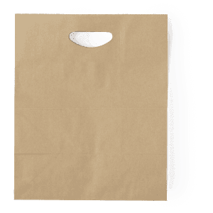 A brown paper bag with a cut-out handle, featuring a plain design and no visible branding.