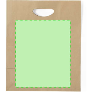 A brown paper bag with a handle, featuring a blank green area for customisation. It has a simple design.