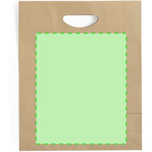 A brown paper bag with a handle and a green rectangular area designed for custom branding or messaging.
