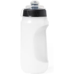 A drink bottle in white with a black lid and a spill-proof nozzle. It features a sleek, ergonomic design.