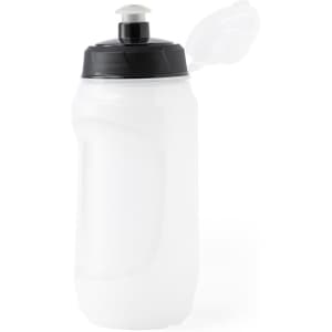 A drink bottle in clear plastic with a black lid and spout, featuring a press-on cap and a logo.