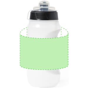 A drink bottle in white with a black lid and a green label area for customization.