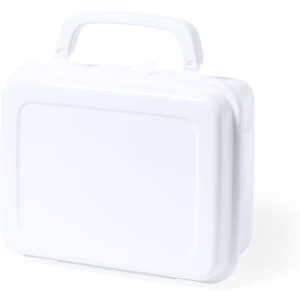A white rectangular lunch box with a handle, featuring a smooth surface and a simple design.