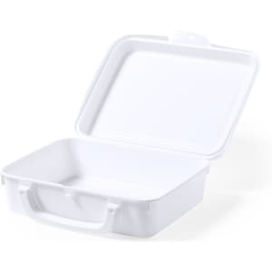 A white lunch box with a handle and an open lid, featuring a simple rectangular design.