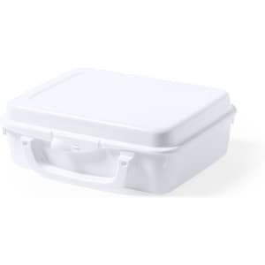 A white lunch box with a sturdy handle, featuring a simple and functional design.
