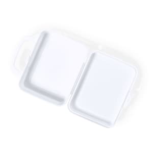 A white lunch box with two compartments and a handle, featuring a simple, clean design.