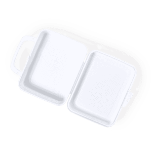 A white lunch box with two compartments and a handle. It features a simple design and has a logo.