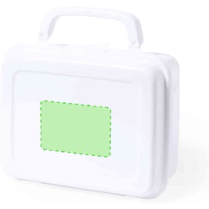A white lunch box with a handle and a blank green area for labelling. It has a simple, smooth design.
