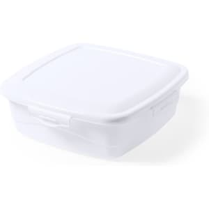 A white square lunch box with a secure lid, featuring a simple design and no visible branding.
