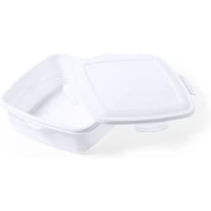 A square white lunch box with a lid, featuring a simple design and a smooth surface. It includes a logo.