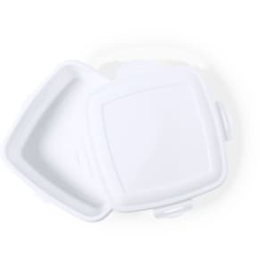 A white square lunch box with a lid, featuring a simple design and a secure closure.