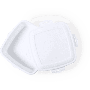 A white square lunch box with a secure lid and two handles, designed for convenient storage.