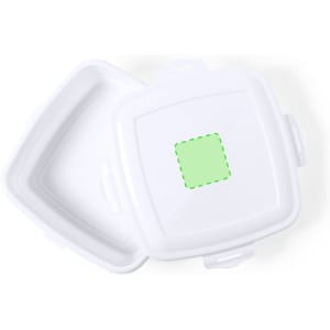 A square, white lunch box with a green outline in the centre, featuring a lid and clips on the sides.