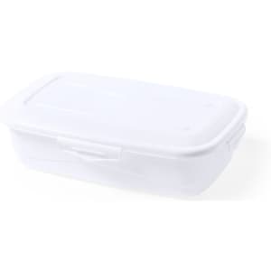 A white lunch box with a secure lid, featuring a simple design and a logo on the side.