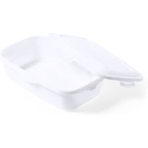 A white Zenex lunch box with a divided interior and a hinged lid, featuring a logo.