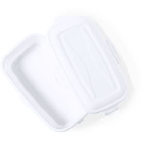 A white lunch box with a removable lid, featuring a sleek design and a small logo.