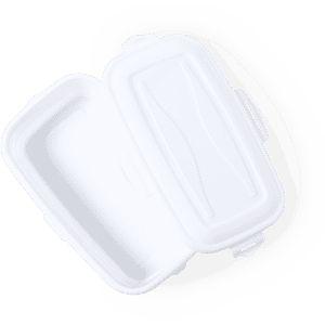 A white lunch box with a lid, featuring a simple design and a brand logo.
