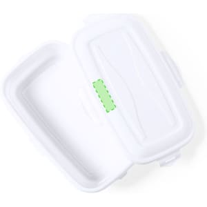 A white lunch box with a green clasp, featuring a smooth, curved design and an open lid.