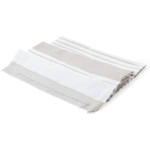 A set of striped bath towels in white and light beige, featuring a logo.