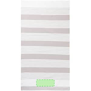 A bath towel featuring a striped design in grey and white. It includes a branding logo at the bottom.