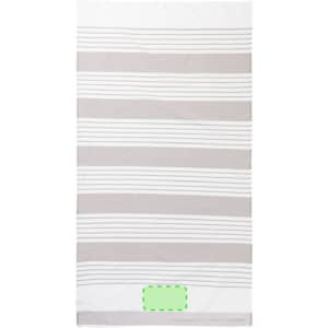 A striped bath towel in shades of grey and white, featuring a small branding logo at the bottom.