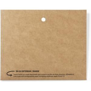 A brown biodegradable card with a hole, designed to contain wildflower seeds. It features a logo on the front.