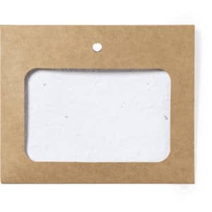 A brown card holder with a transparent window for an ID badge, featuring a textured white insert.