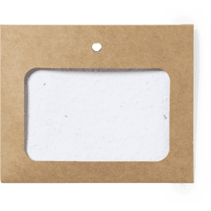 A eco-friendly name badge with a rectangular window, featuring a brown kraft paper frame and a hole for attachment.