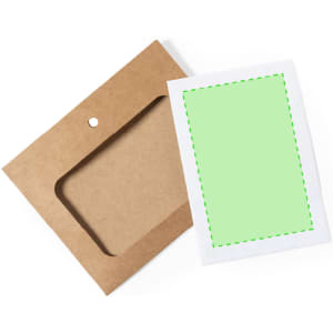 A brown cardboard name badge holder with a green insert. The holder has a cut-out for displaying the badge.