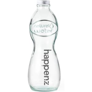 A drink bottle made of clear glass, featuring a curved design and a metal screw cap. It has a logo.