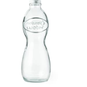 A drink bottle made of clear glass, featuring a curved design and a logo embossed on the surface.