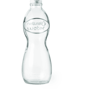 A drink bottle made of clear plastic with a curved design, featuring a logo. Suitable for water or beverages.