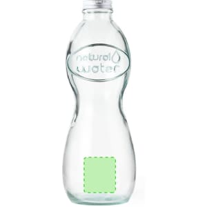 A drink bottle made of clear glass with a curved shape and a metal screw cap, featuring a branding logo.