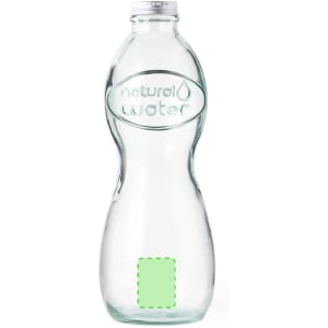 A drink bottle in clear glass with a curvy shape, featuring a logo and a blank rectangular area on the front.
