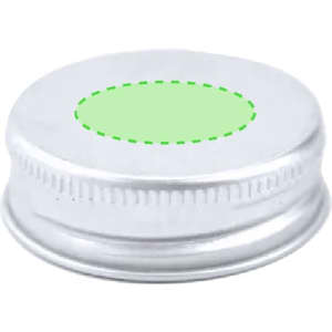 A drink bottle cap in silver with a circular indentation on top and a subtle green outline. Brand logo is present.