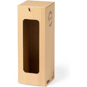 A cardboard box with a window, designed for packaging a drink bottle. The box is plain and brown in colour.