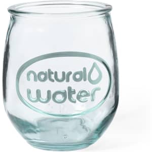 A glass drink bottle in a transparent design with a light green tint and a logo.