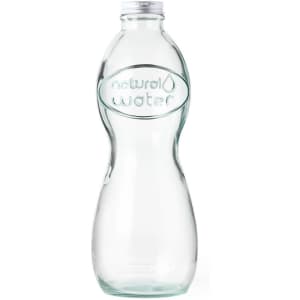 A glass drink bottle with an elegant curve and a silver screw cap. It features a logo.