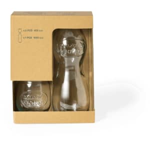 A glassware set featuring a jug and a smaller glass in clear glass, packaged in a cardboard box.