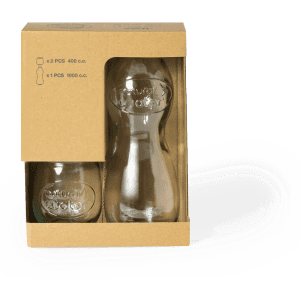 A set of three glassware pieces: one large clear glass (1000 c.c.) and two smaller clear glasses (400 c.c.), packaged in a cardboard box.