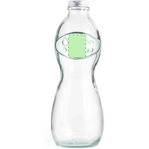 A transparent glass drink bottle with a unique shape and a visible logo area. Features a metal screw cap.