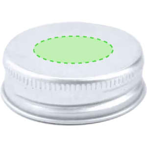A silver bottle cap with a green circular area in the centre, featuring ridged edges.