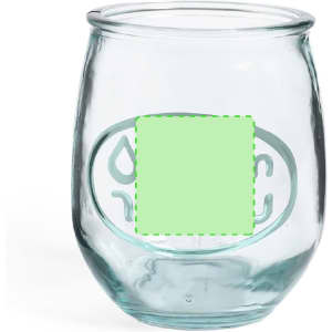 A glass drink container with a rounded shape, featuring a logo and a light green square area for customisation.