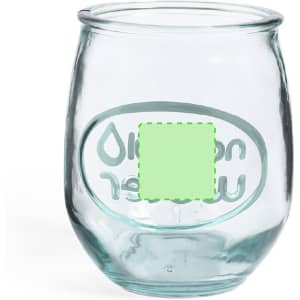 A transparent glass drink bottle in a round shape with a branding logo.