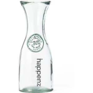 A drink bottle in a clear glass design with a curved shape and a logo on the side.
