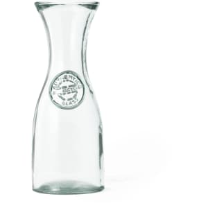 A drink bottle made of clear glass with a tapered shape and a small logo on the front.