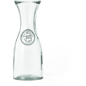 A glass drink bottle with a curvy shape and a logo visible on the side. It is clear and sleek in design.